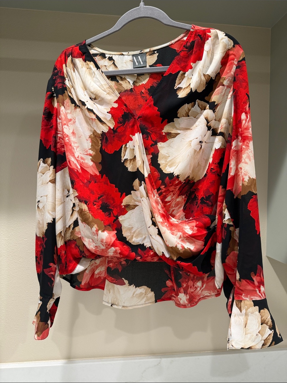 Black Red Cream Floral Draped Blouse